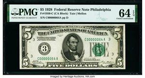 image for: Low Serial Number 64 Fr. 1950-C $5 1928 Federal Reserve Note. PMG Choice Uncirculated 64 EPQ....