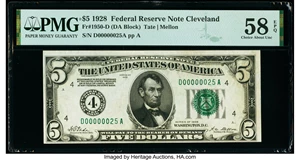 image for: Low Serial Number 25 Fr. 1950-D $5 1928 Federal Reserve Note. PMG Choice About Unc 58 EPQ....