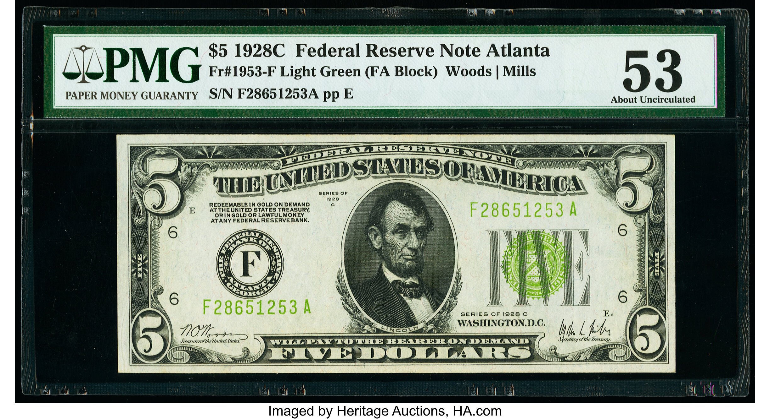image for: Fr. 1953-F $5 1928C Light Green Seal Federal Reserve Note. PMG About Uncirculated 53....