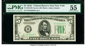 image for: Fr. 1959-B $5 1934C Narrow Federal Reserve Note. PMG About Uncirculated 55....