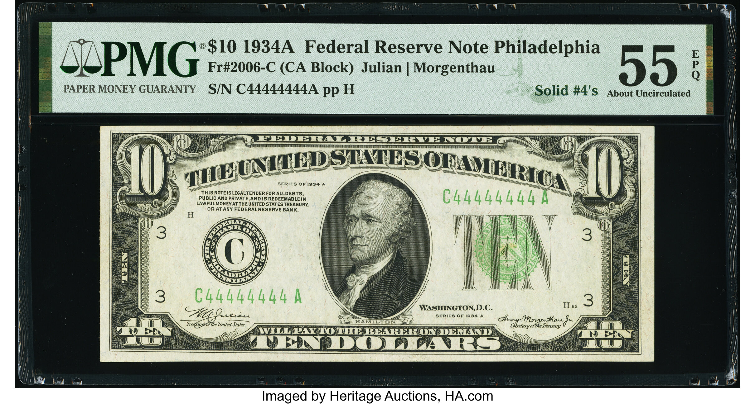 image for: Solid Serial Number 44444444 Fr. 2006-C $10 1934A Federal Reserve Note. PMG About Uncirculated 55 EPQ....