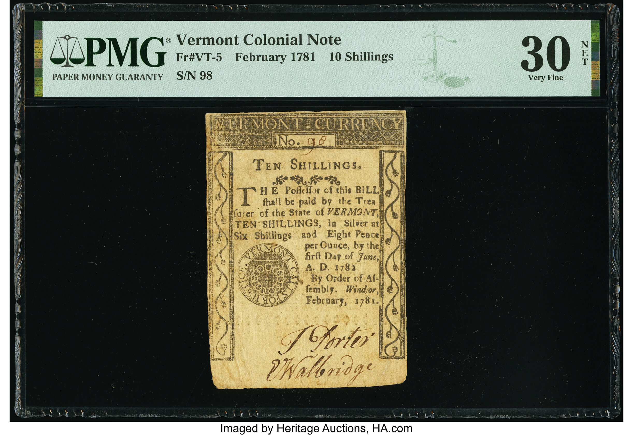 image for: Vermont February 1781 10s PMG Very Fine 30 Net....
