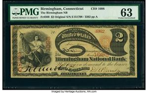 image for: Birmingham, CT - $2 Original Fr. 389 The Birmingham National Bank Ch. # 1098 PMG Choice Uncirculated 63....