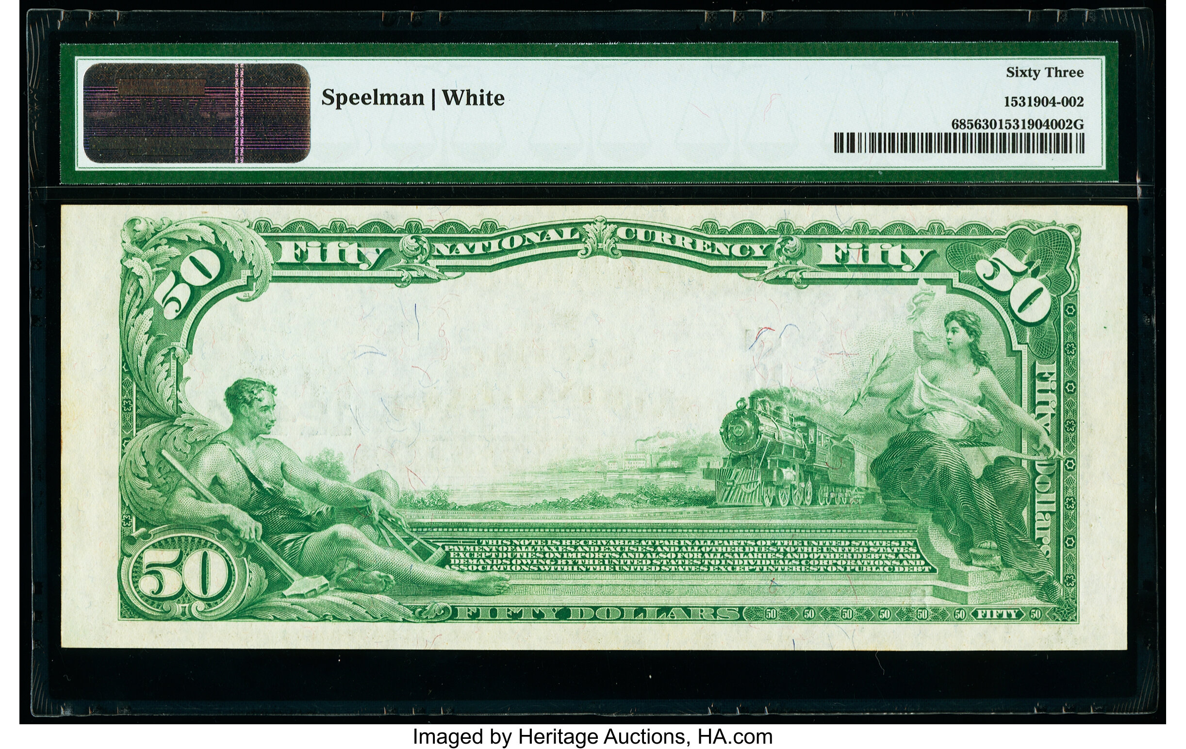 image for: Low Serial Number 8 Los Angeles, CA - $50 1902 Plain Back Fr. 685 The Pacific National Bank Ch. # 12454 PMG Choice Unc...