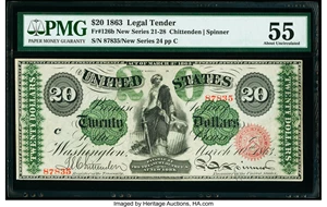 image for: Fr. 126b $20 1863 Legal Tender PMG About Uncirculated 55....