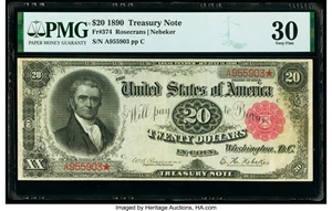 image for: Fr. 374 $20 1890 Treasury Note PMG Very Fine 30....
