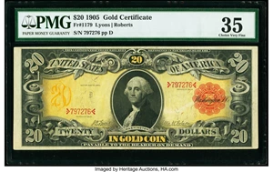 image for: Fr. 1179 $20 1905 Gold Certificate PMG Choice Very Fine 35....