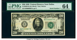 image for: Low Serial Number 7 Fr. 2050-K $20 1928 Federal Reserve Note. PMG Choice Uncirculated 64....