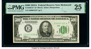 image for: Fr. 2202-E* $500 1934A Federal Reserve Star Note. PMG Very Fine 25....