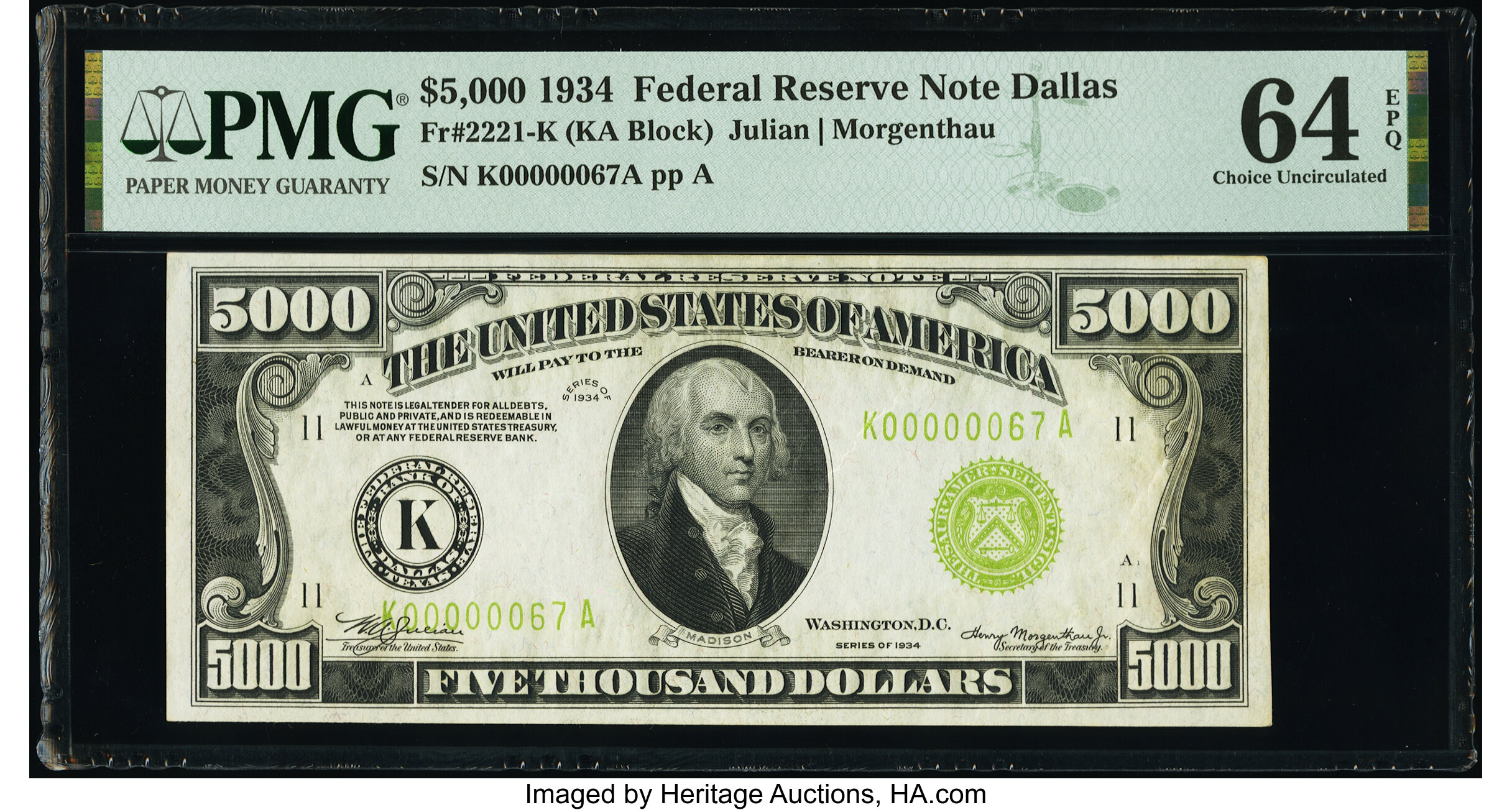 image for: Fr. 2221-K $5,000 1934 Federal Reserve Note. PMG Choice Uncirculated 64 EPQ....
