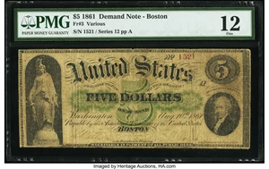 image for: Fr. 3 $5 1861 Demand Note PMG Fine 12....