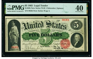 image for: Fr. 63b $5 1863 Legal Tender PMG Extremely Fine 40....