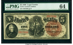 image for: Fr. 70 $5 1880 Legal Tender PMG Choice Uncirculated 64....