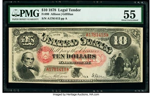 image for: Fr. 99 $10 1878 Legal Tender PMG About Uncirculated 55....