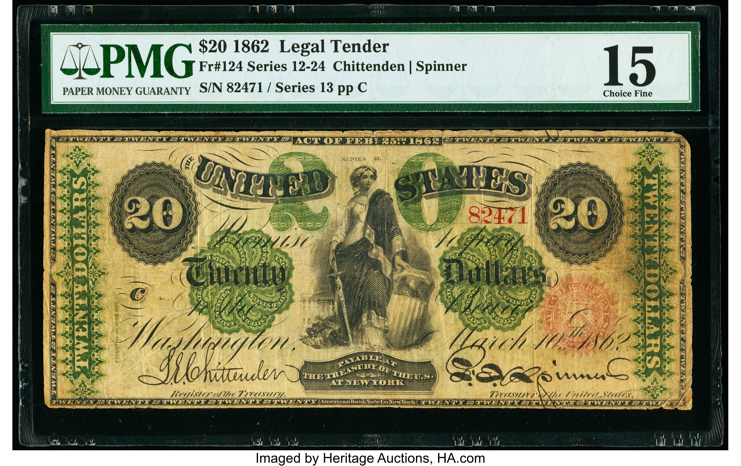 image for: Fr. 124 $20 1862 Legal Tender PMG Choice Fine 15....