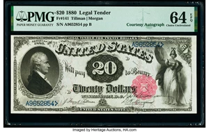 image for: D. N. Morgan Courtesy Autographed Fr. 141 $20 1880 Legal Tender PMG Choice Uncirculated 64 EPQ....