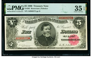 image for: Fr. 361 $5 1890 Treasury Note PMG Choice Very Fine 35 EPQ....