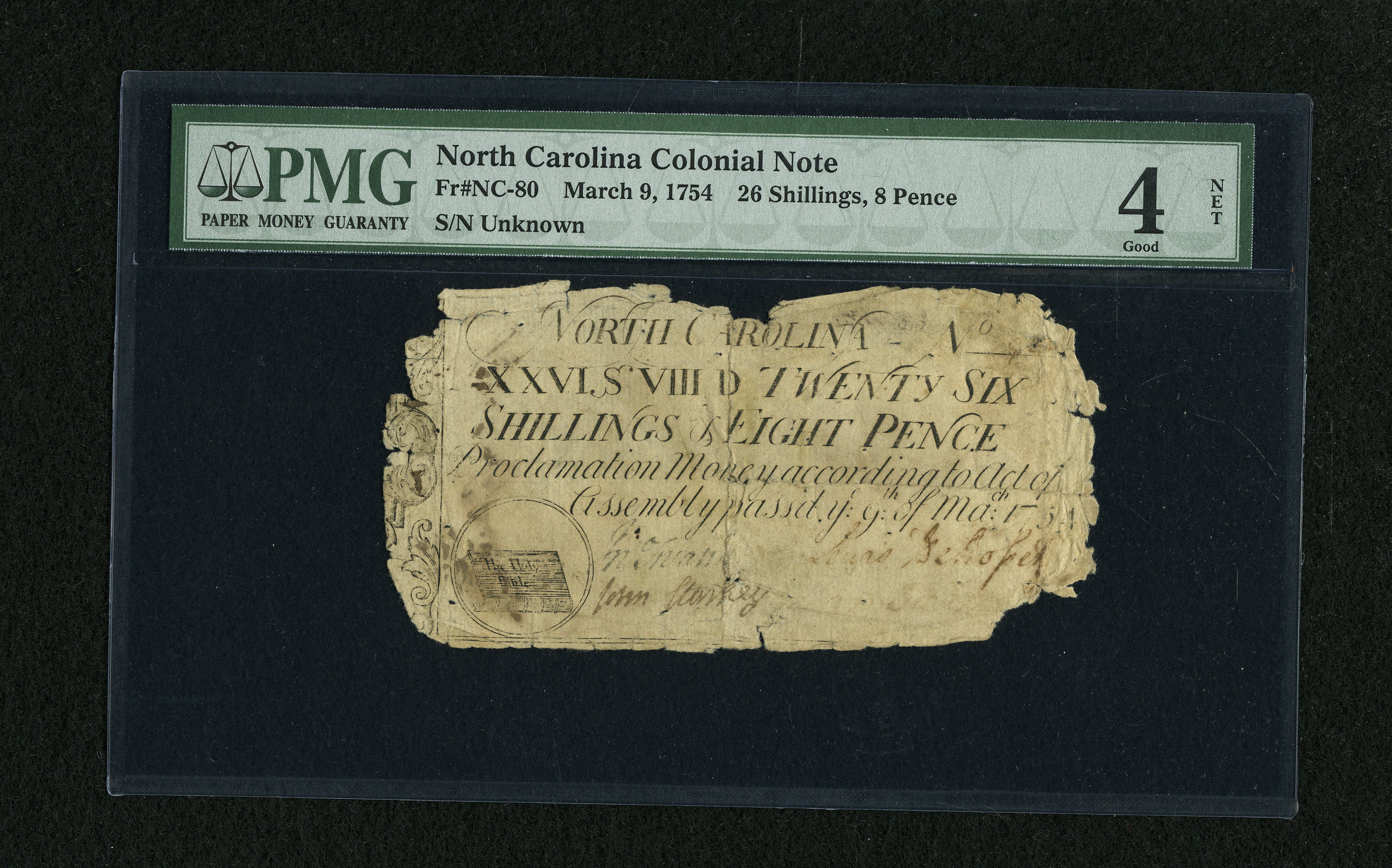image for: North Carolina March 9, 1754 26s/8d PMG Good Net 4....