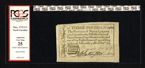 image for: North Carolina December, 1771 £3 PCGS Apparent Very Fine 25....