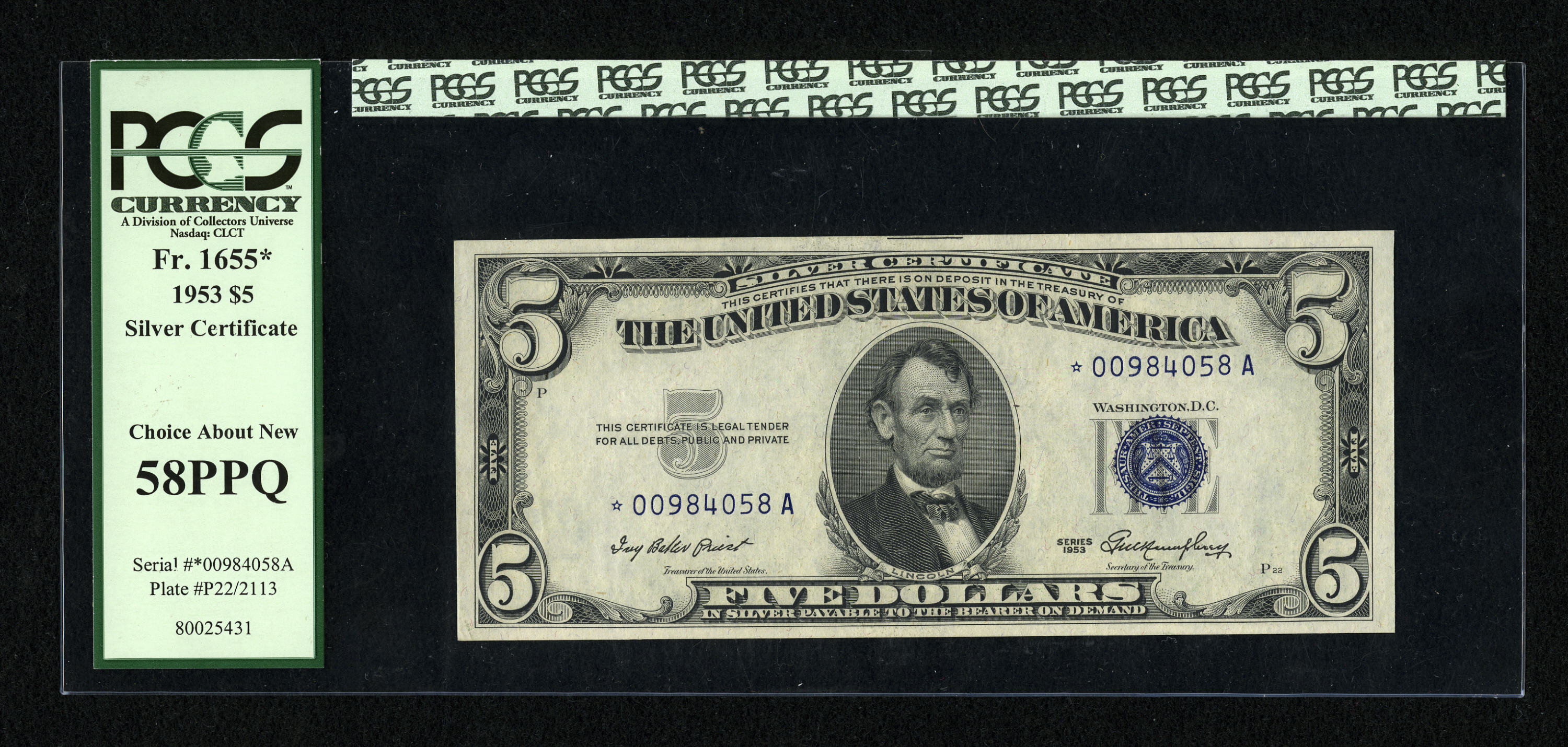 image for: Fr. 1655* $5 1953 Silver Certificate Star. PCGS Choice About New 58PPQ....