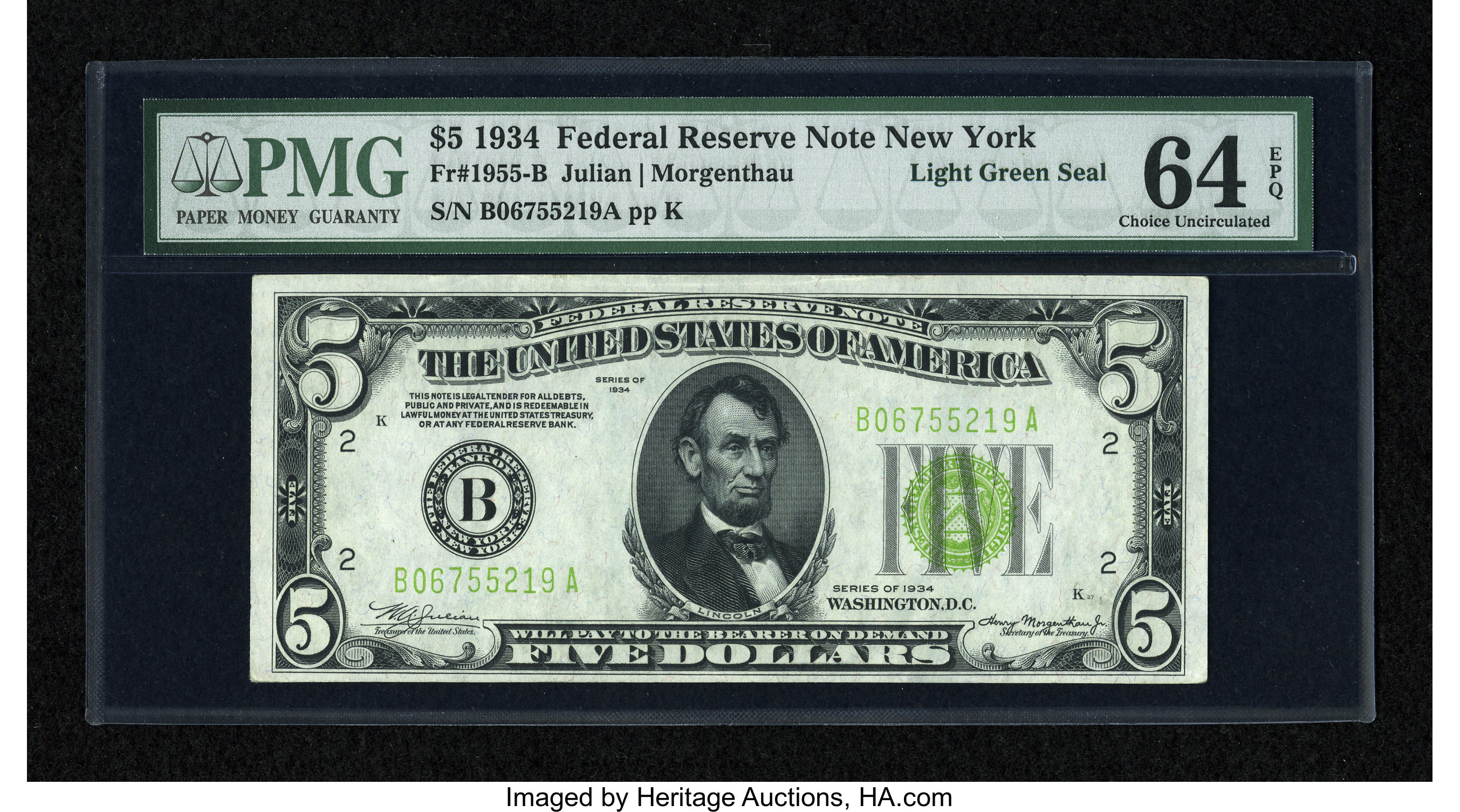 image for: Fr. 1955-B $5 1934 Light Green Seal Federal Reserve Note. PMG Choice Uncirculated 64 EPQ....
