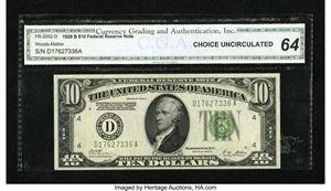 image for: Fr. 2002-D $10 1928B Dark Green Seal Federal Reserve Note. CGA Choice Uncirculated 64....