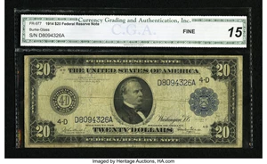 image for: Fr. 977 $20 1914 Federal Reserve Note CGA Fine 15....