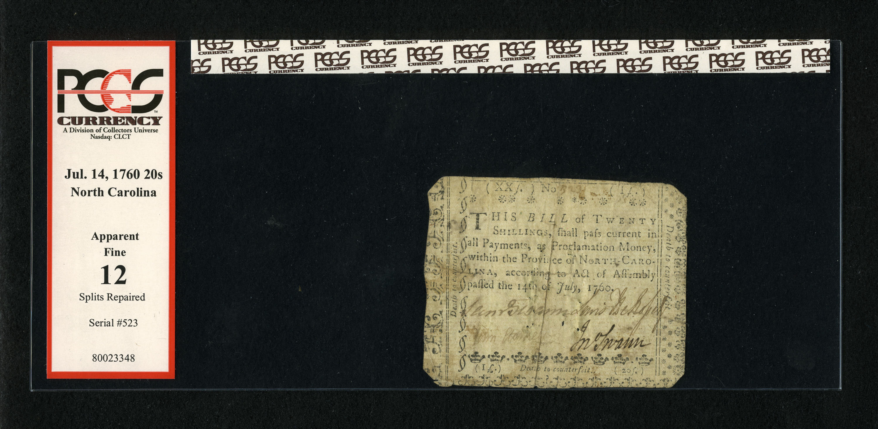 image for: North Carolina July 14, 1760 20s PCGS Apparent Fine 12....