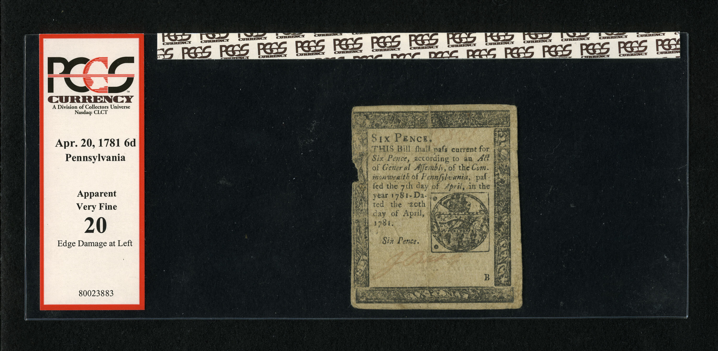 image for: Pennsylvania April 20, 1781 6d PCGS Apparent Very Fine 20....