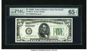 image for: Fr. 1952-D $5 1928B Dark Green Seal Federal Reserve Note. PMG Gem Uncirculated 65 EPQ....