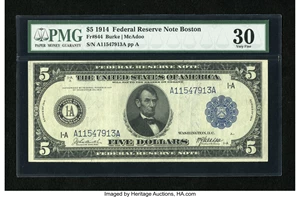 image for: Fr. 844 $5 1914 Federal Reserve Note PMG Very Fine 30....