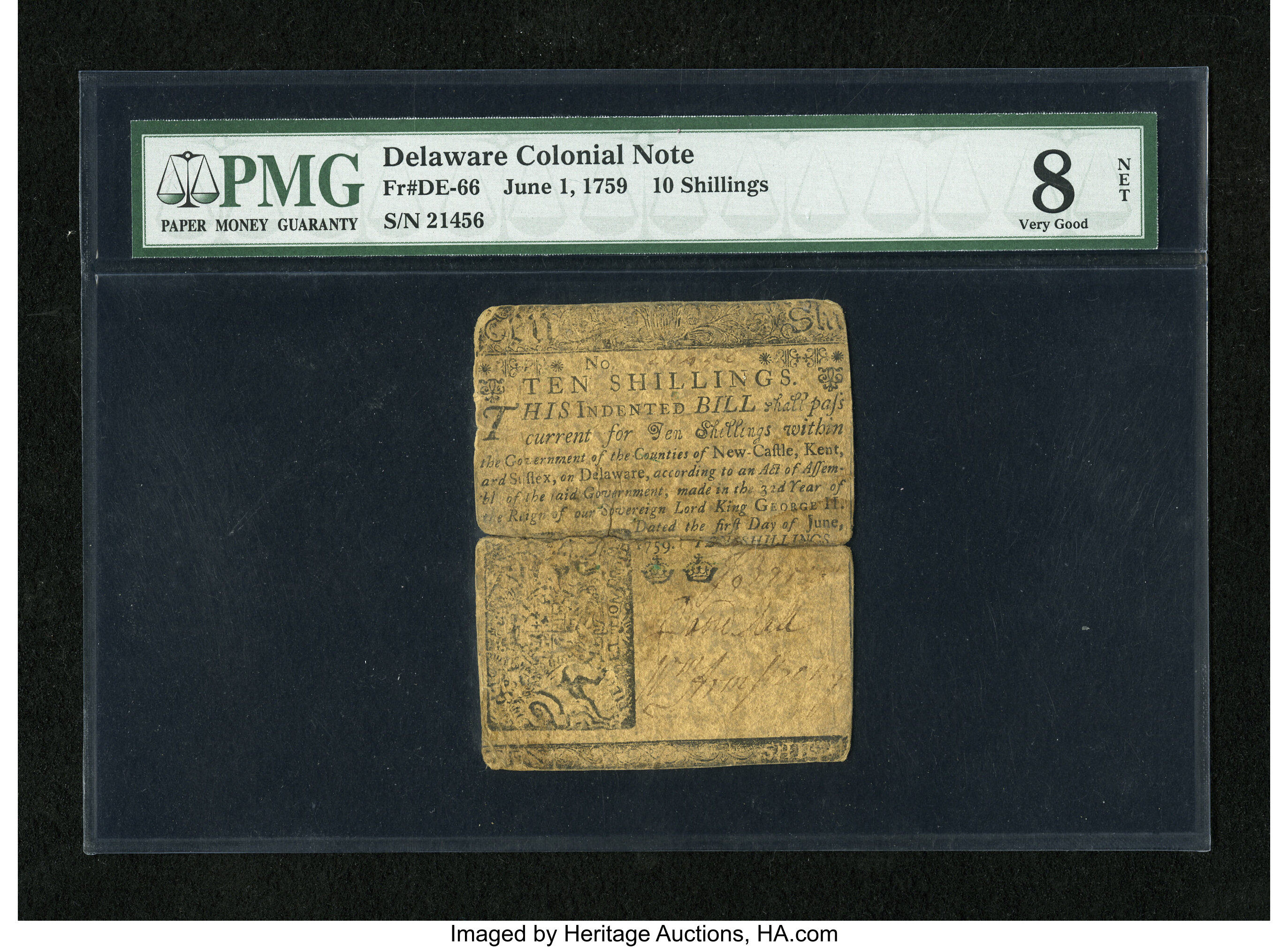 image for: Delaware June 1, 1759 10s PMG Very Good 8 Net....