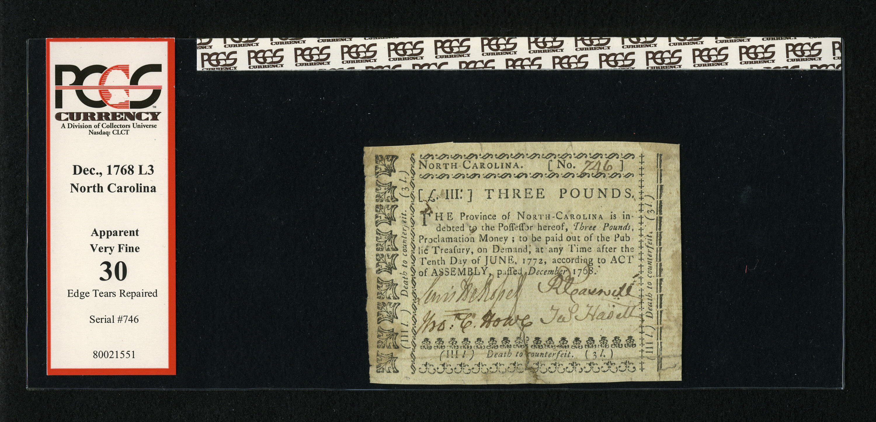 image for: North Carolina December, 1768 £3 PCGS Apparent Very Fine 30....