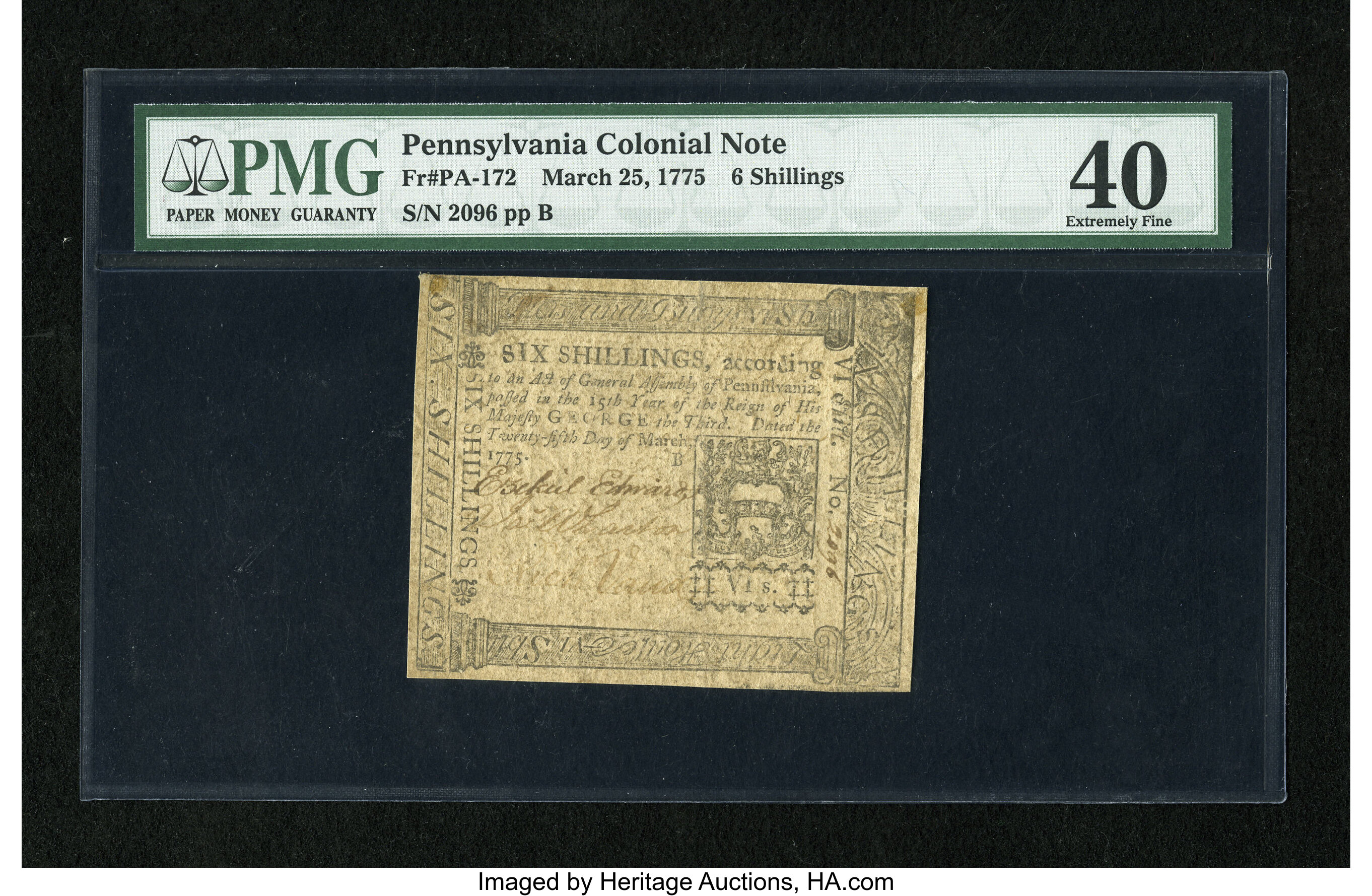 image for: Pennsylvania March 25, 1775 6s PMG Extremely Fine 40....