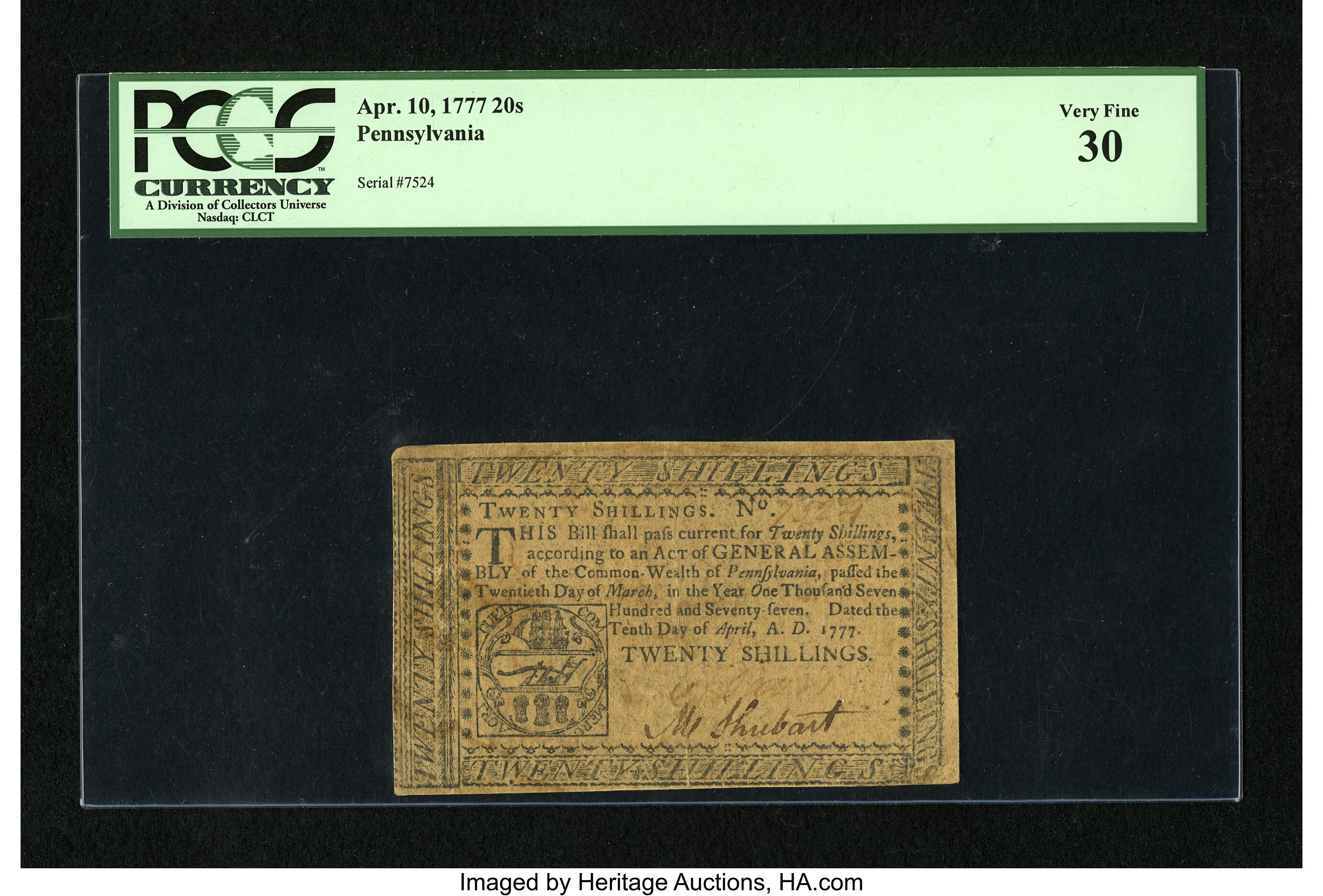 image for: Pennsylvania April 10, 1777 20s PCGS Very Fine 30....