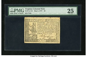 image for: Virginia May 5, 1777 $4 PMG Very Fine 25....