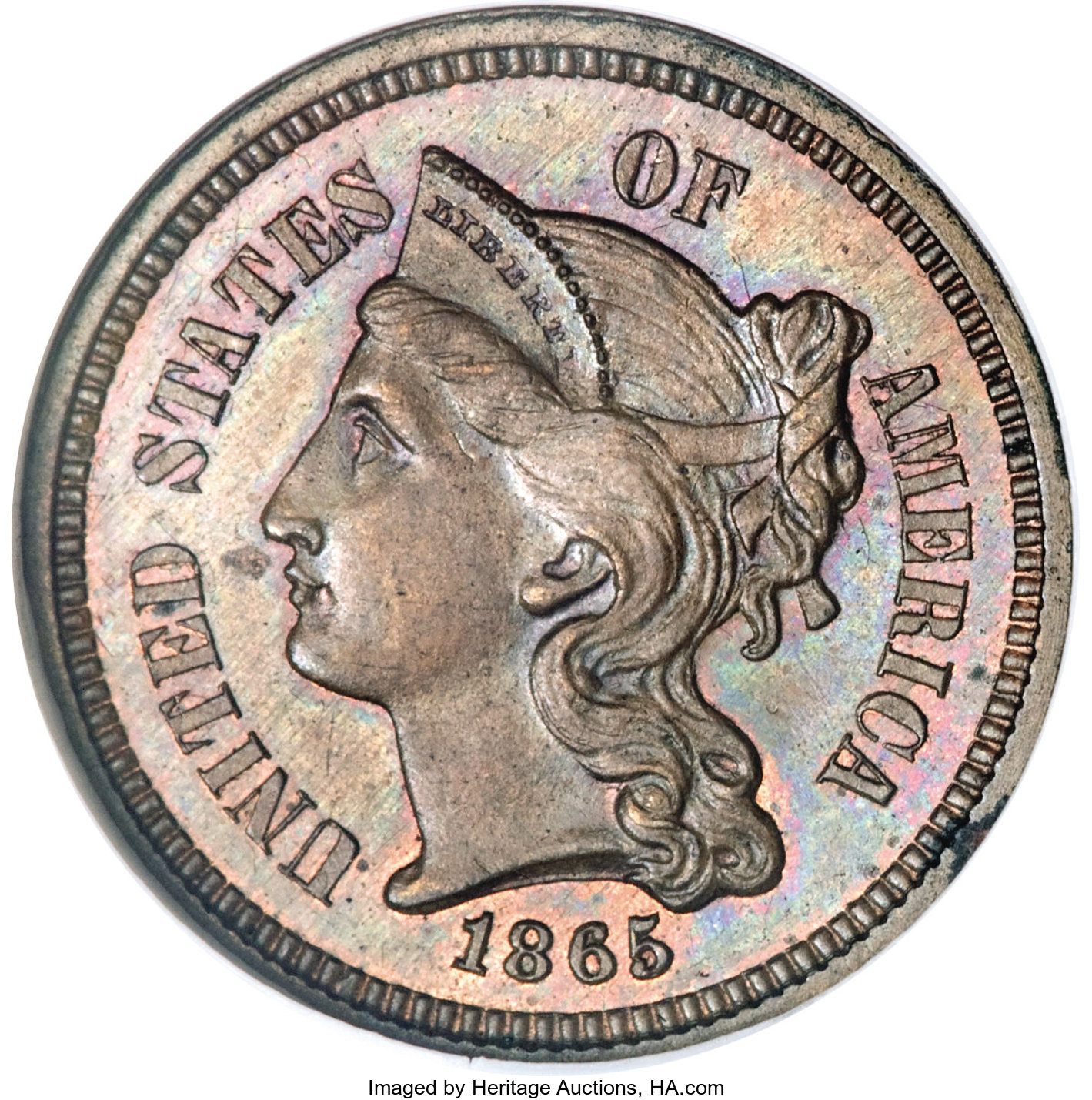 image for: 1865 3C Three Cent Nickel, Judd-413, Pollock-484, R.5, PR65 Brown NGC....