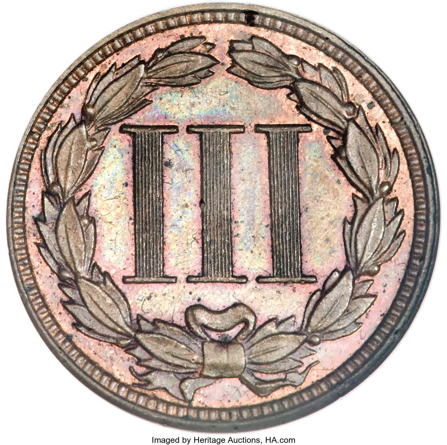 image for: 1865 3C Three Cent Nickel, Judd-413, Pollock-484, R.5, PR65 Brown NGC....