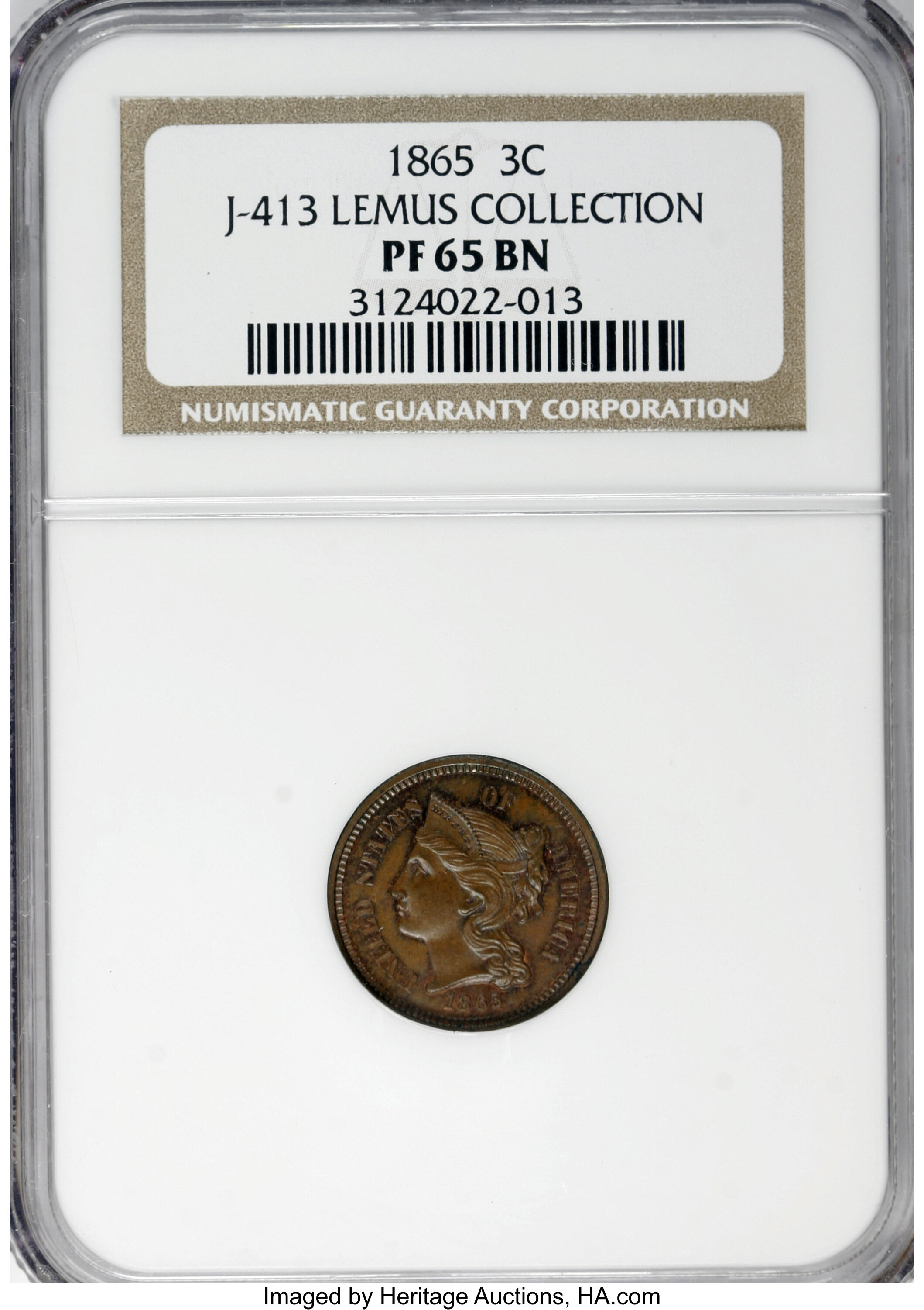 image for: 1865 3C Three Cent Nickel, Judd-413, Pollock-484, R.5, PR65 Brown NGC....