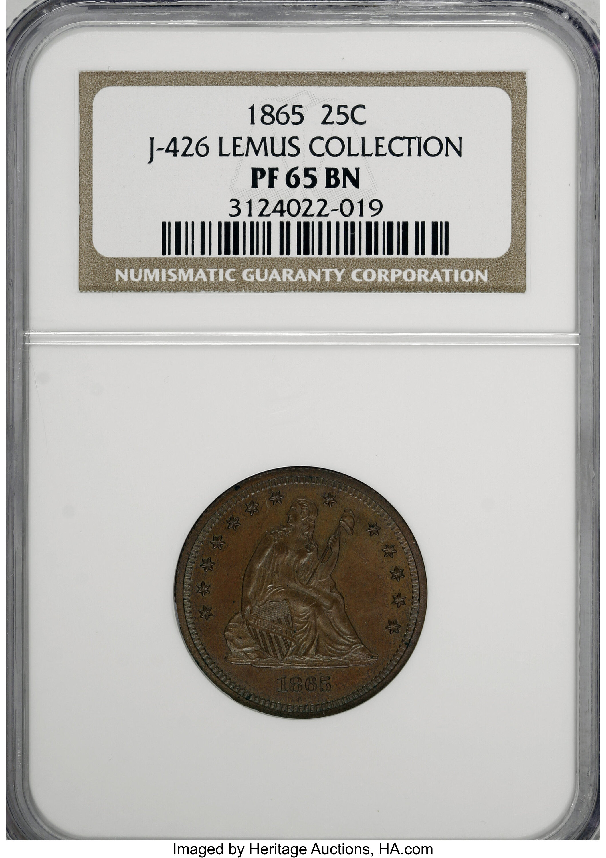image for: 1865 25C Quarter Dollar, Judd-426, Pollock-498, Low R.7, PR65 Brown NGC....