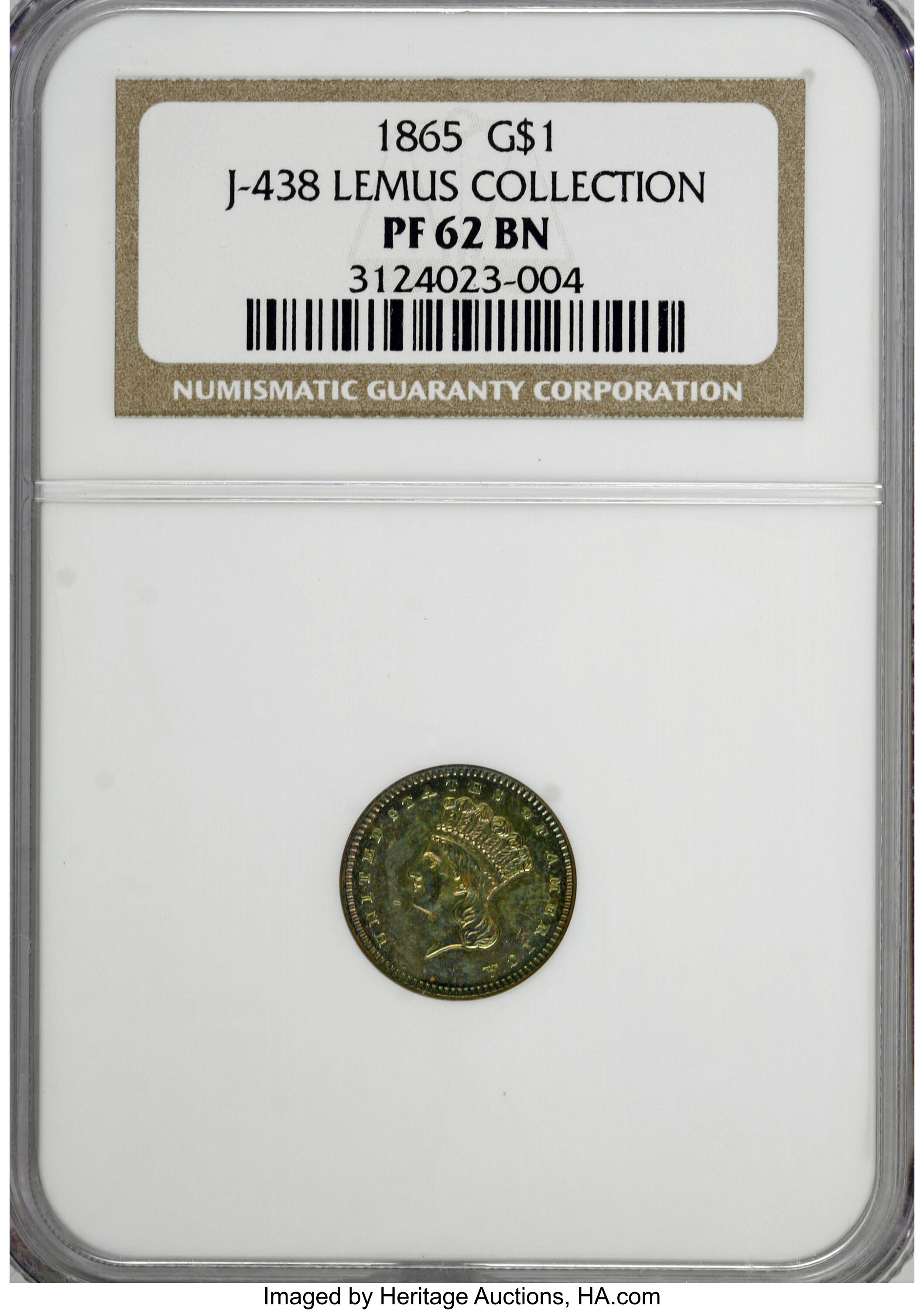 image for: 1865 G$1 Gold Dollar, Judd-438, Pollock-511, Low R.7, PR62 Brown NGC....