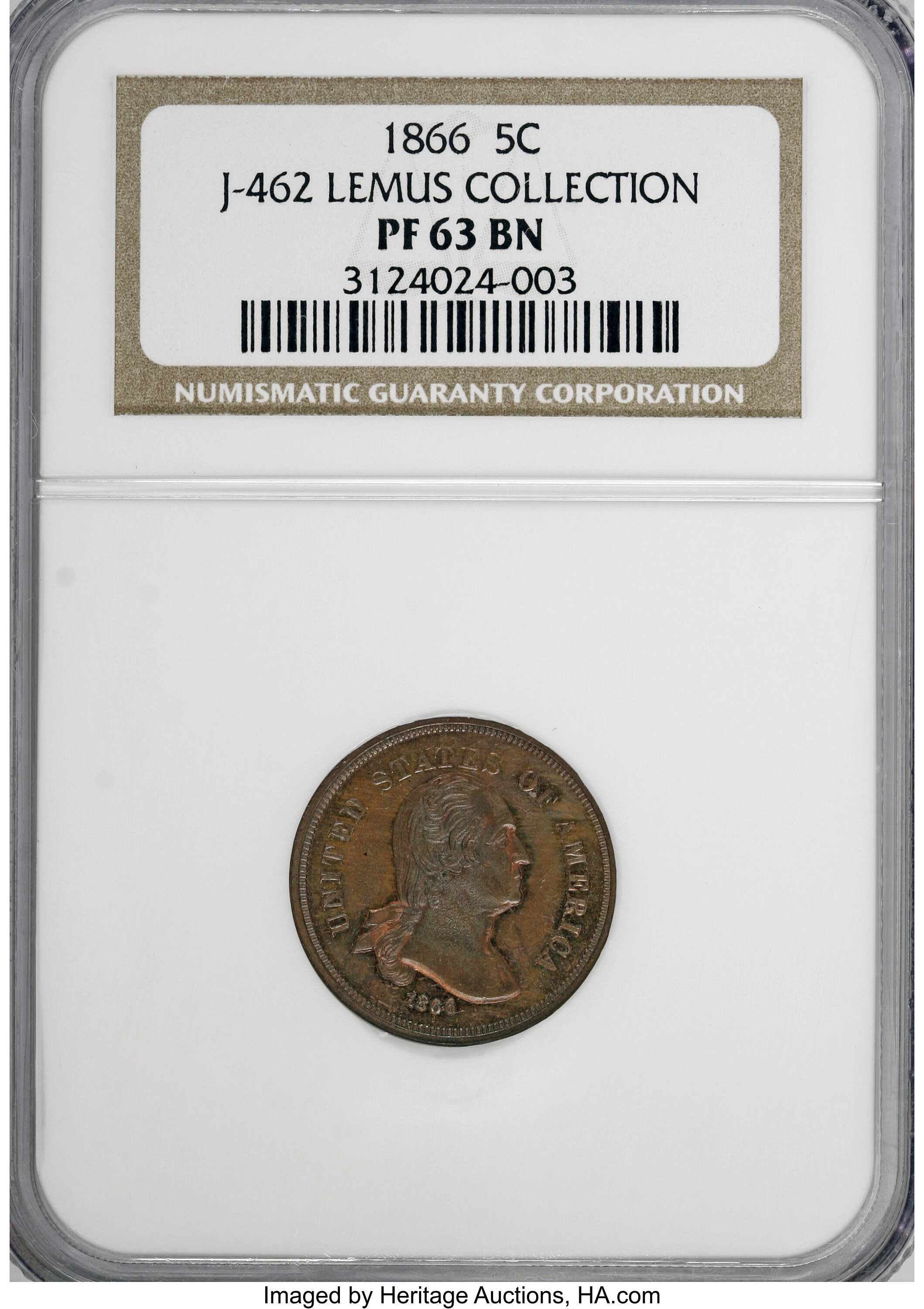 image for: 1866 5C Five Cents, Judd-462, Pollock-536, Low R.7, PR63 Brown NGC....