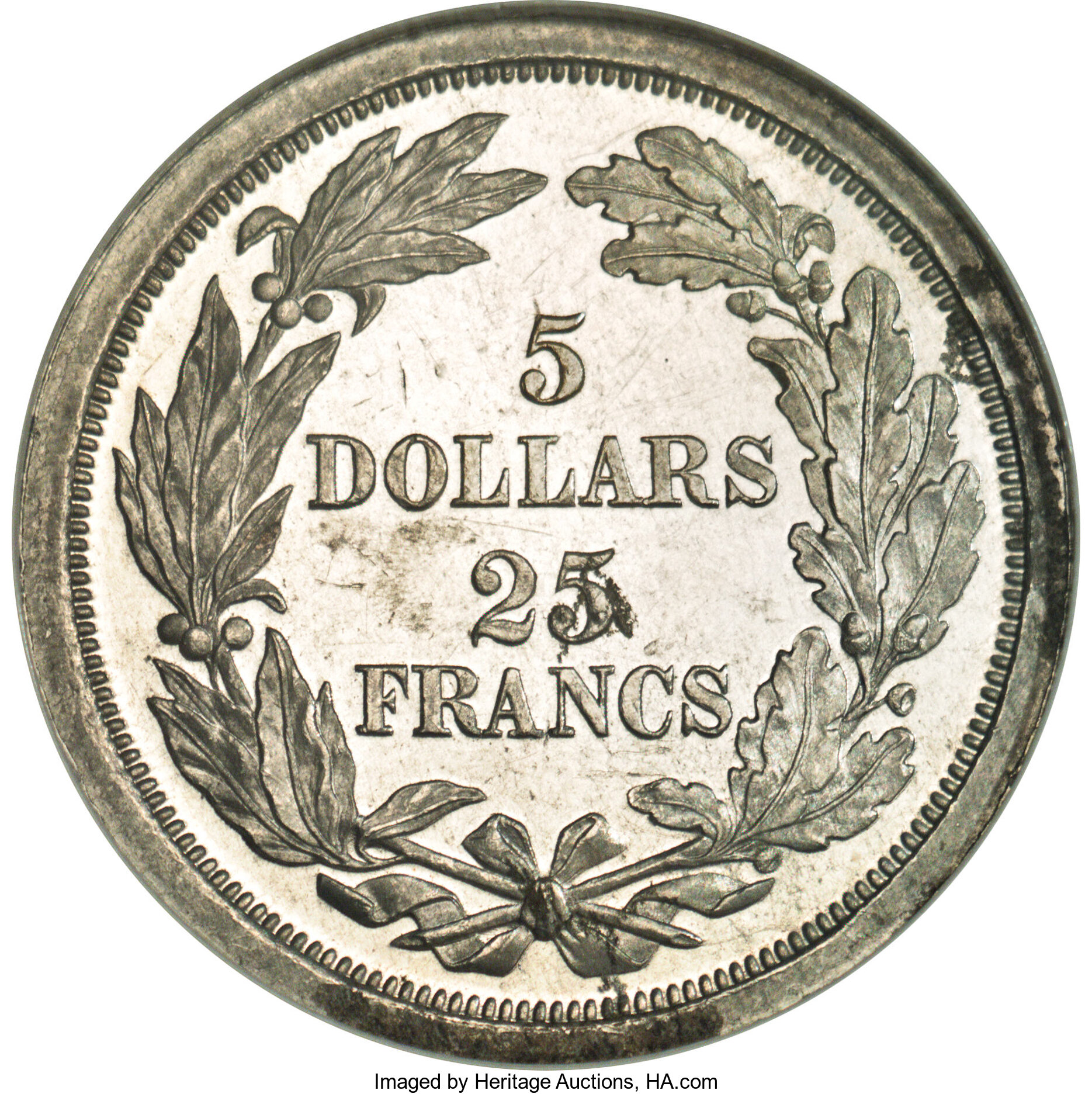 image for: 1868 $5 Dual Denomination $5-25 Francs, Judd-659, Pollock-732, Low R.7, PR63 Cameo NGC....