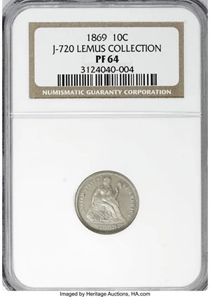 image for: 1869 10C Ten Cents, Judd-720, Pollock-801, High R.7, PR64 NGC....
