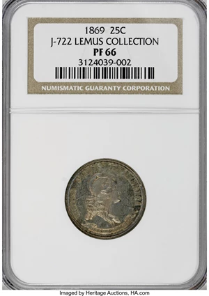 image for: 1869 25C Standard Silver Quarter Dollar, Judd-722, Pollock-803, High R.6, PR66 NGC....