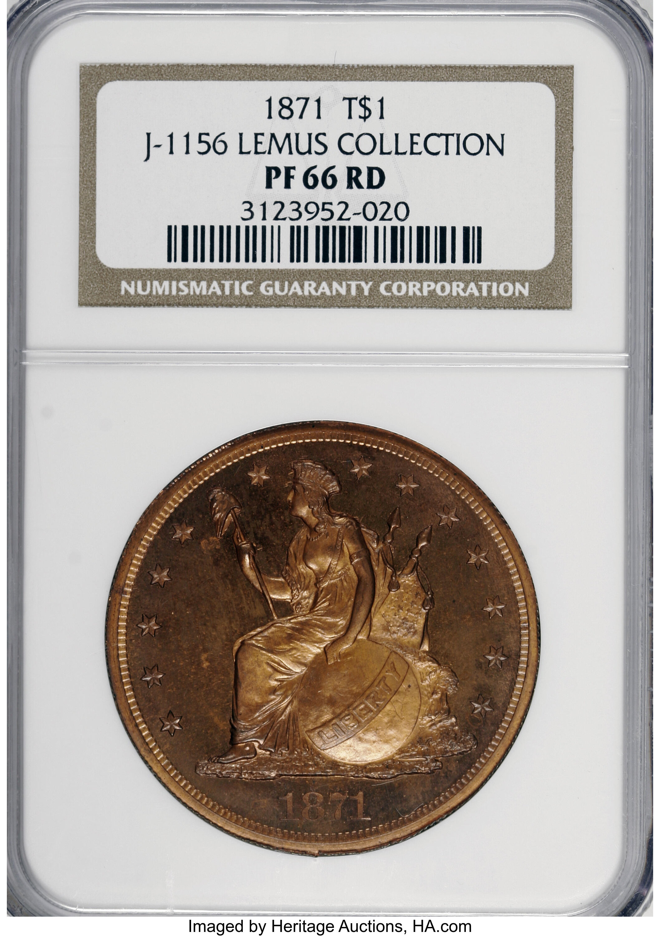 image for: 1871 T$1 Commercial Dollar, Judd-1156, Pollock-1300, High R.7, PR66 Red NGC....