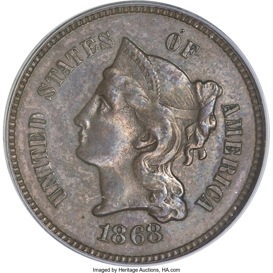 image for: 1868 3C Three Cent Nickel, Judd-619, Pollock-688, Low R.7, PR63 Brown PCGS....