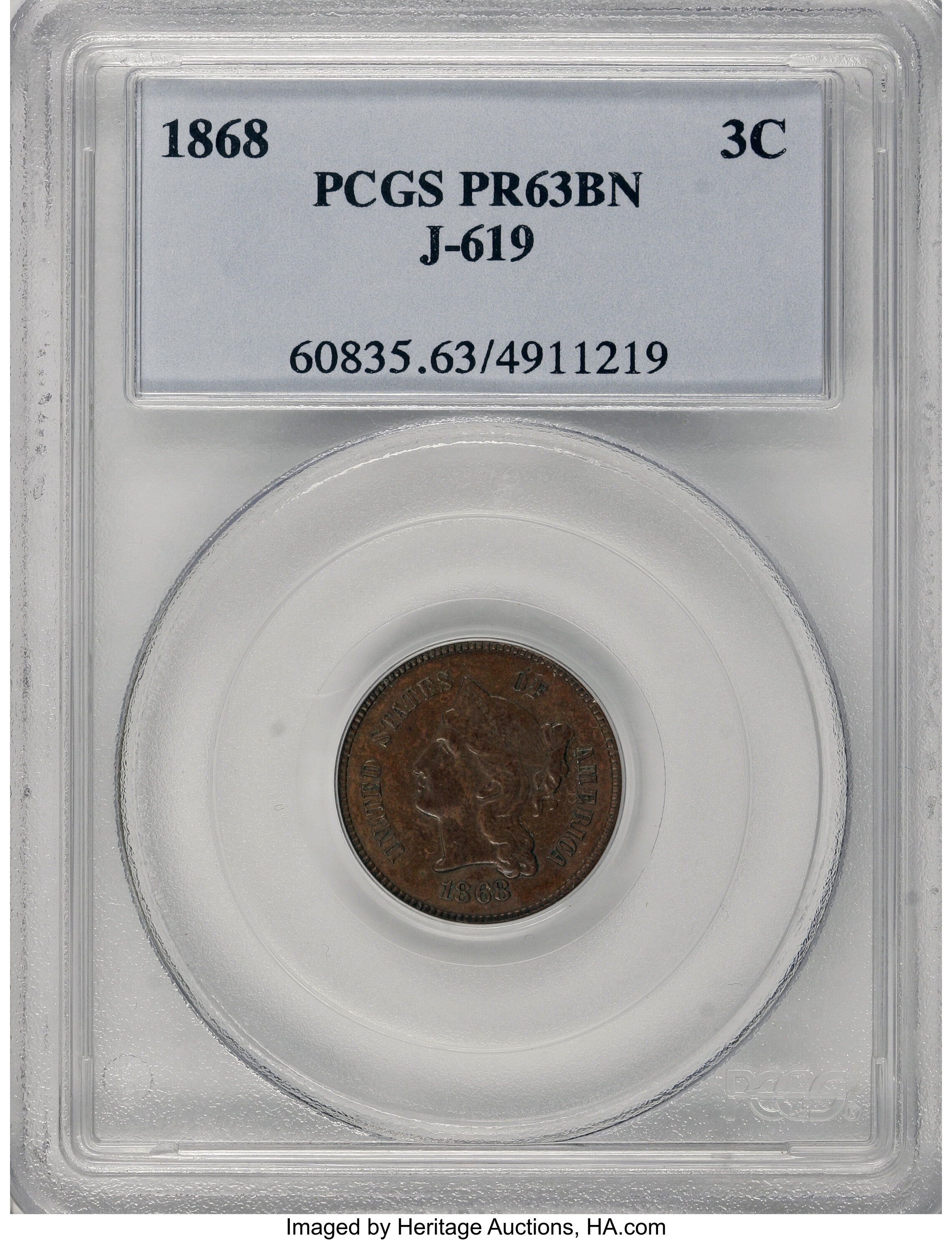 image for: 1868 3C Three Cent Nickel, Judd-619, Pollock-688, Low R.7, PR63 Brown PCGS....
