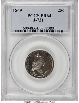 image for: 1869 25C Standard Silver Quarter Dollar, Judd-721, Pollock-802, R.5, PR64 PCGS....