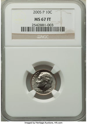image for: 2005-P 10C MS67 Full Bands NGC. NGC Census: (13/0). PCGS Population: (10/0). CDN: $225 Whsle. Bid for NGC/PCGS MS67. ...